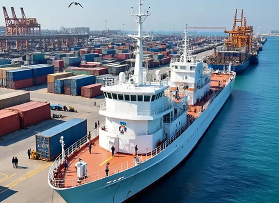 Cargo vessel alongside port terminal